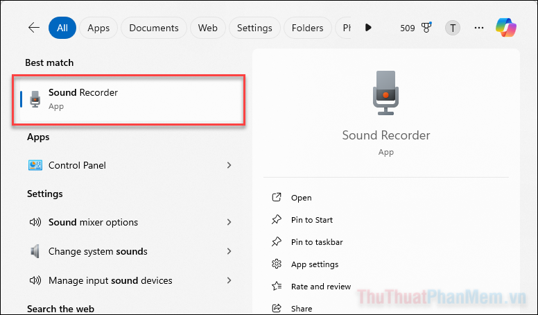 Tìm kiếm Sound Recorder và nhấp vào để mở ứng dụng