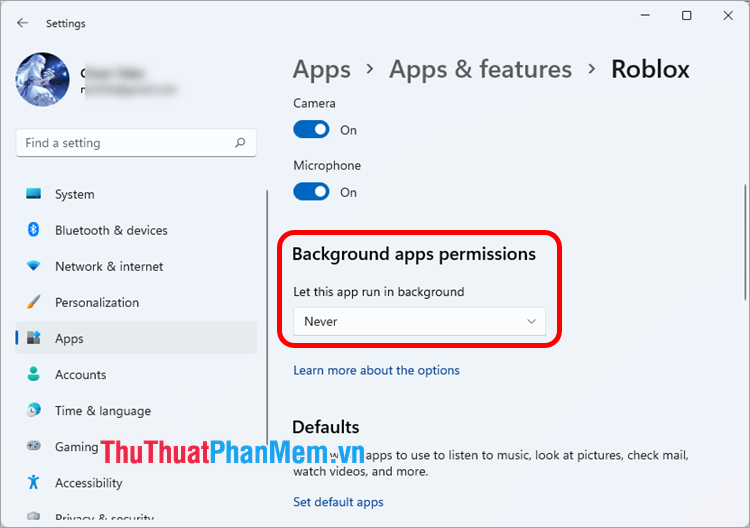 Background apps permissions, chọn Never để không cho phép ứng dụng chạy nền