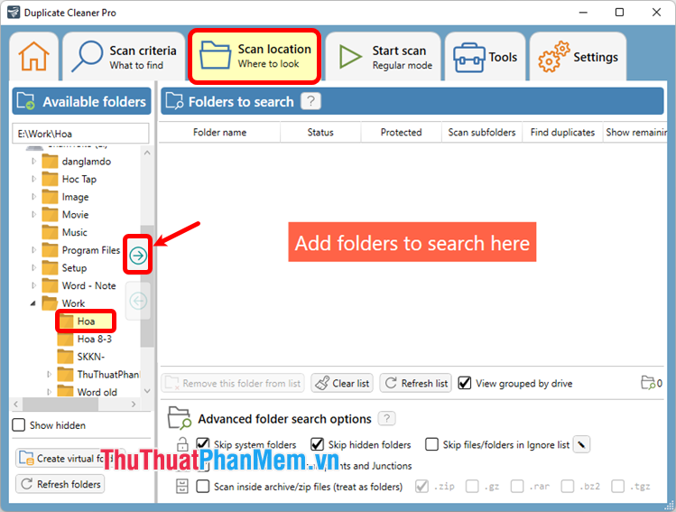 Chọn biểu tượng mũi tên sang phải Add folder