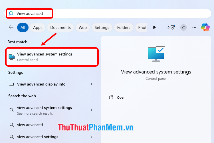 Nhập từ  View advanced và chọn View advanced system settings