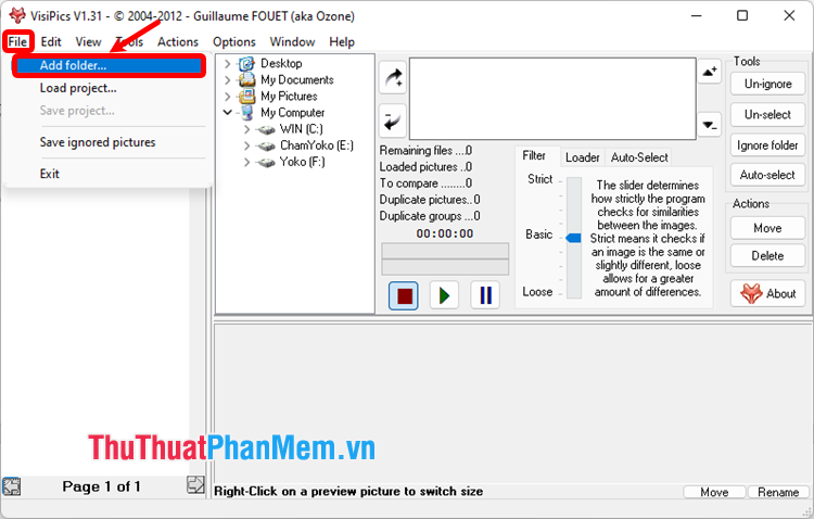 Tải và cài đặt phần mềm VisiPics, chọn File → Add Folder