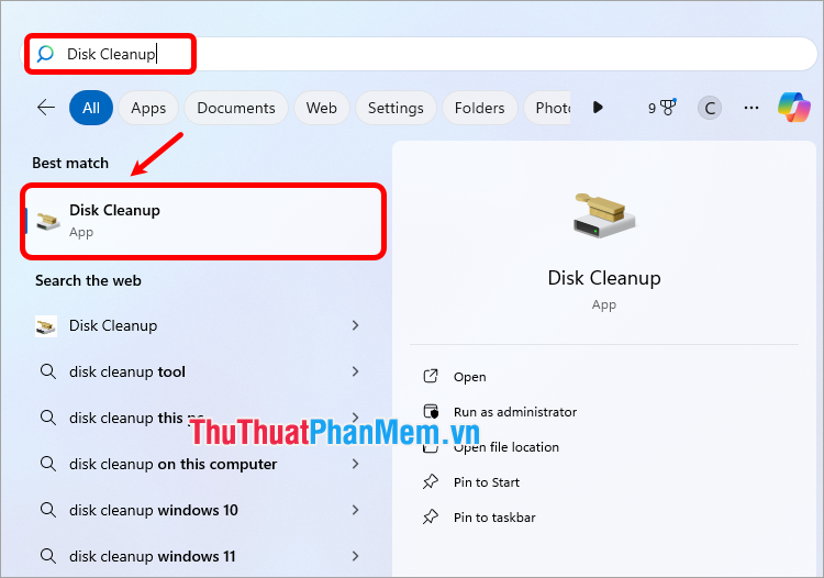 Tìm kiếm Disk Cleanup trong menu Start, chọn đến Disk Cleanup để mở