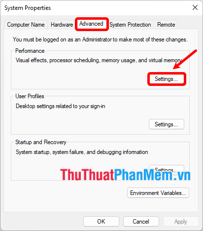 Trong thẻ Advanced, chọn Settings trong phần Performance