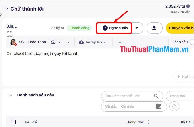 Để nghe thử bản audio, chọn Nghe audio