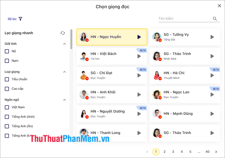 Thực hiện chọn giọng đọc mà bạn muốn