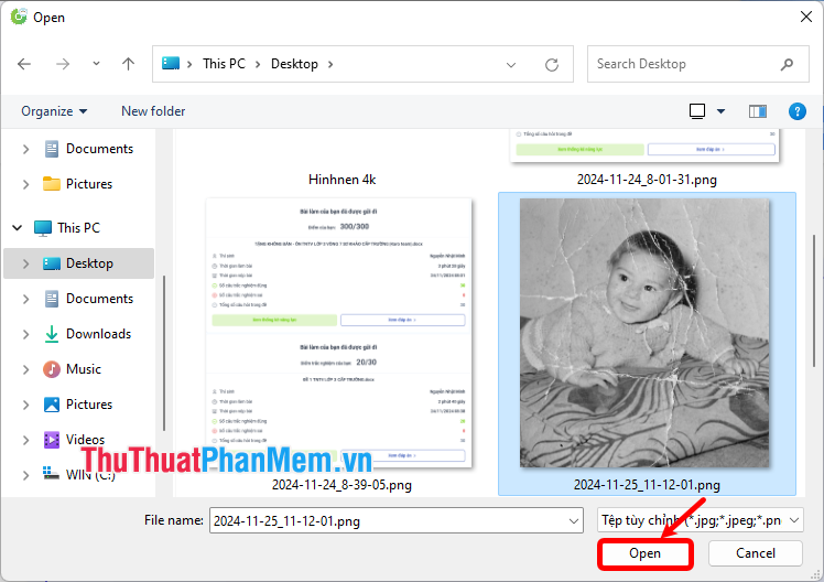 Xuất hiện cửa sổ Open, chọn đến hình ảnh cũ cần phục hồi và ấn Open