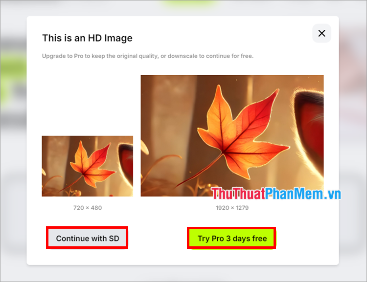 Chọn Continue with SD hoặc Try Pro 3 days free