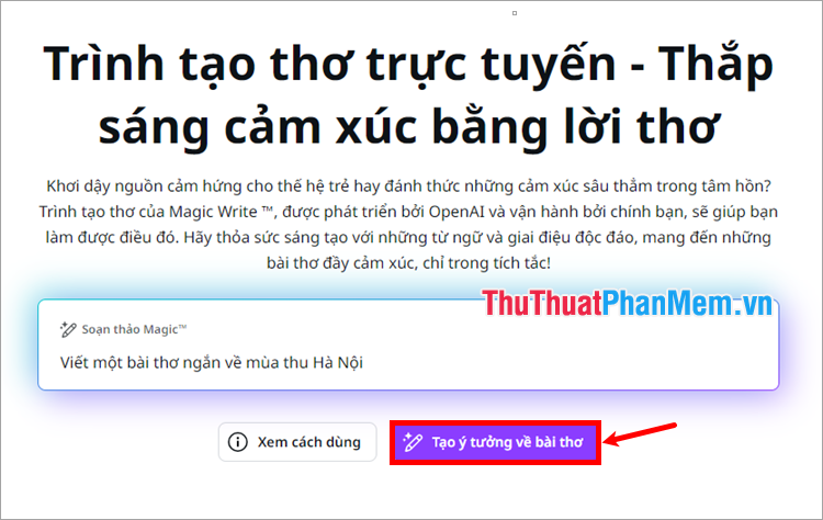 Phần Soạn thảo Magic, chọn Tạo ý tưởng về bài thơ
