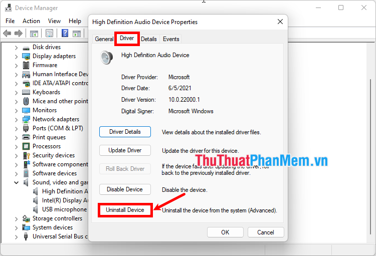 Gỡ bỏ, chọn Driver → Uninstall Device