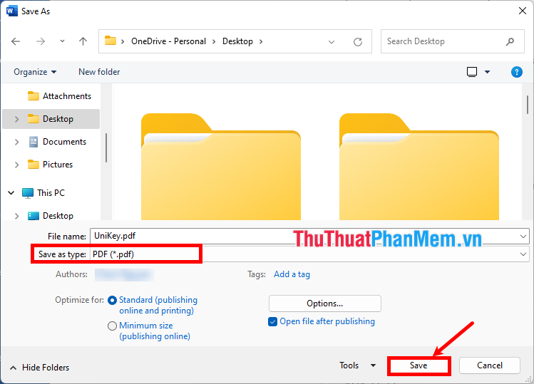 Phần Save as Type chọn PDF (.pdf) và ấn Save