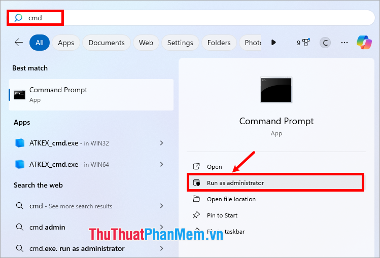 Tìm kiếm Cmd và chọn Run as administrator trong Command Prompt