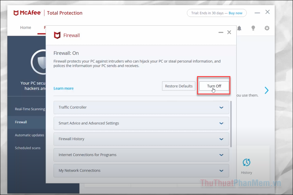 Trong cửa sổ Firewall, nhấn nút Turn off để tắt tường lửa của Mcafee