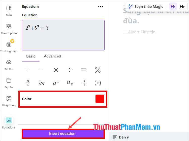Chọn Insert equation để thêm các ký hiệu toán học vào thiết kế