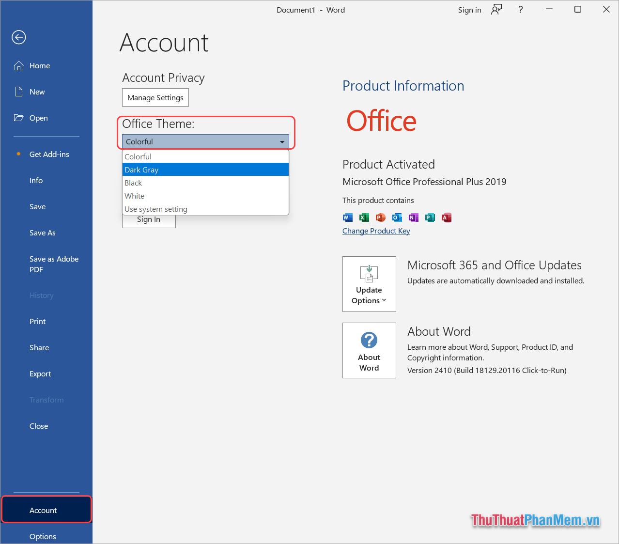 Chọn Account và tìm đến mục Office Theme để đặt giao diện cho Word