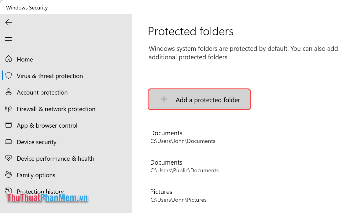 Chọn Add a protected folder và nhấn thư mục cần bảo vệ