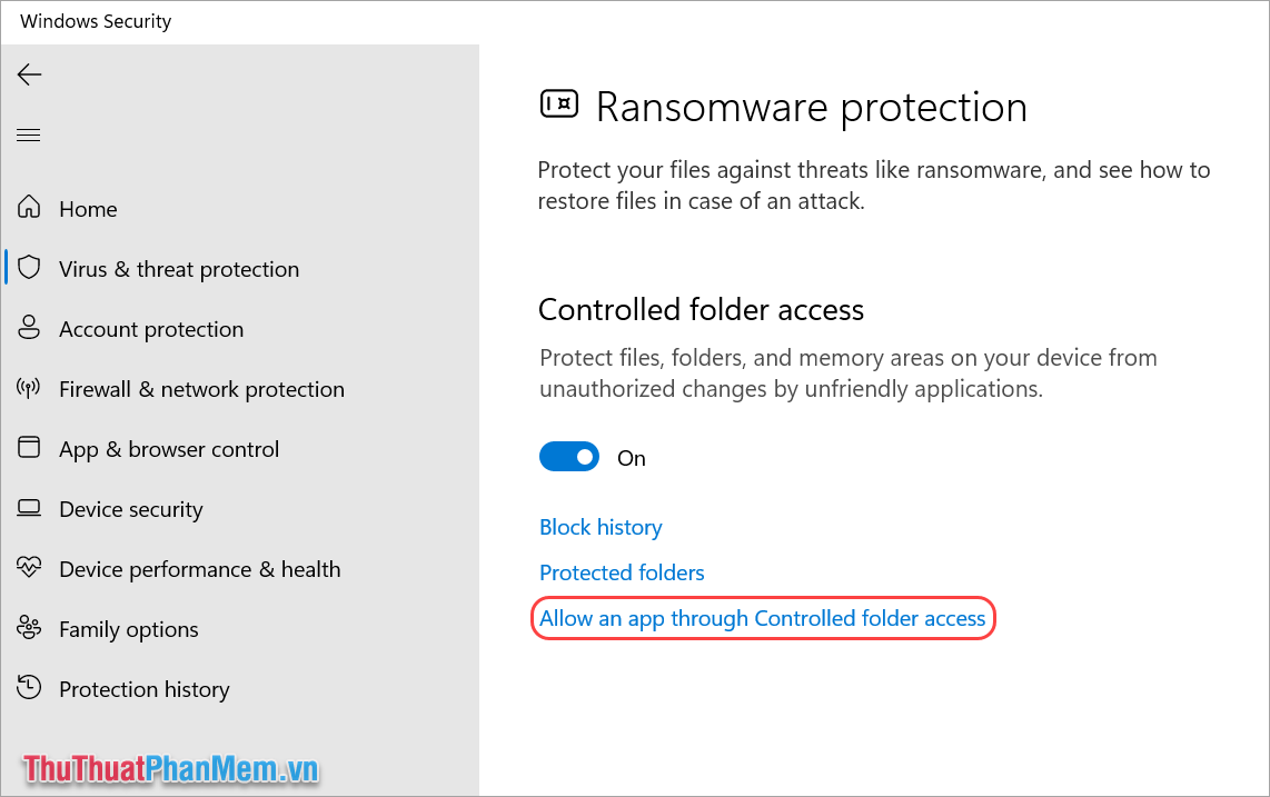 Chọn Allow an app through Controlled folder access để thực hiện cấp quyền