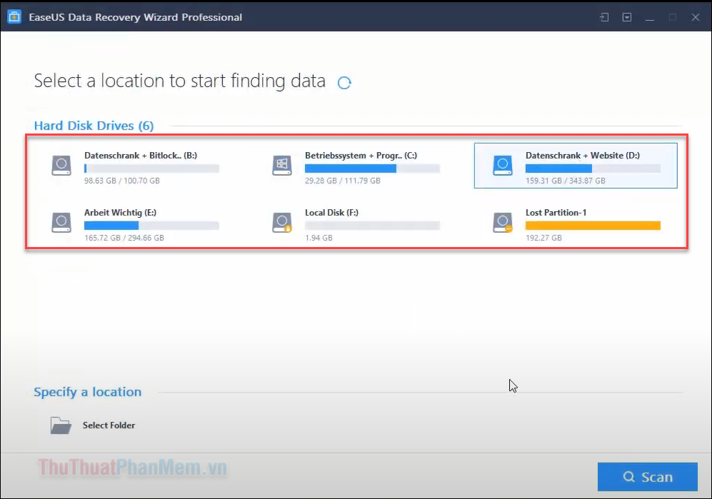 Chọn ổ đĩa bạn đã cài đặt ứng dụng trước khi xóa rồi ấn Scan