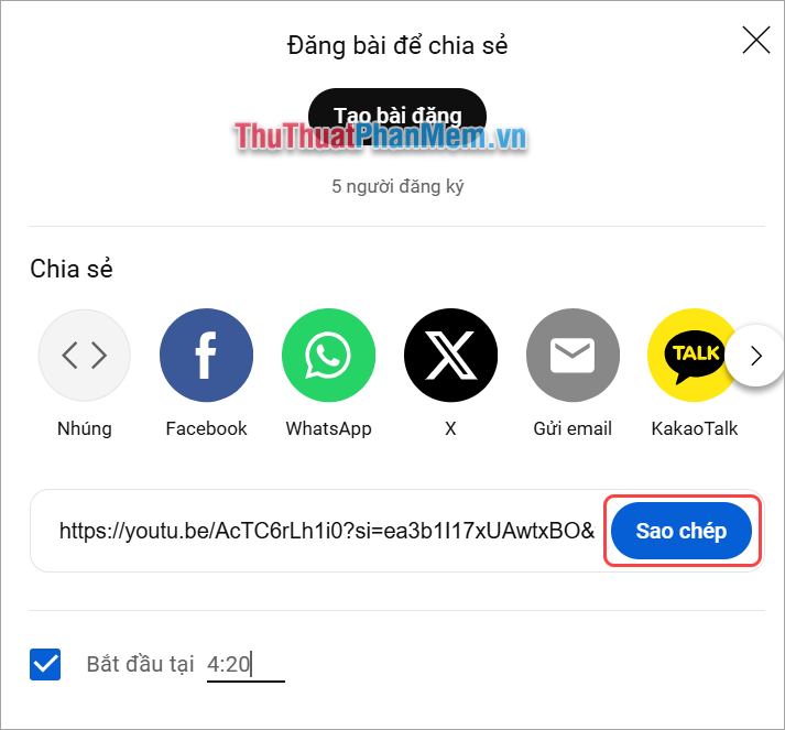 Chọn Sao chép để chia sẻ đường link video Youtube