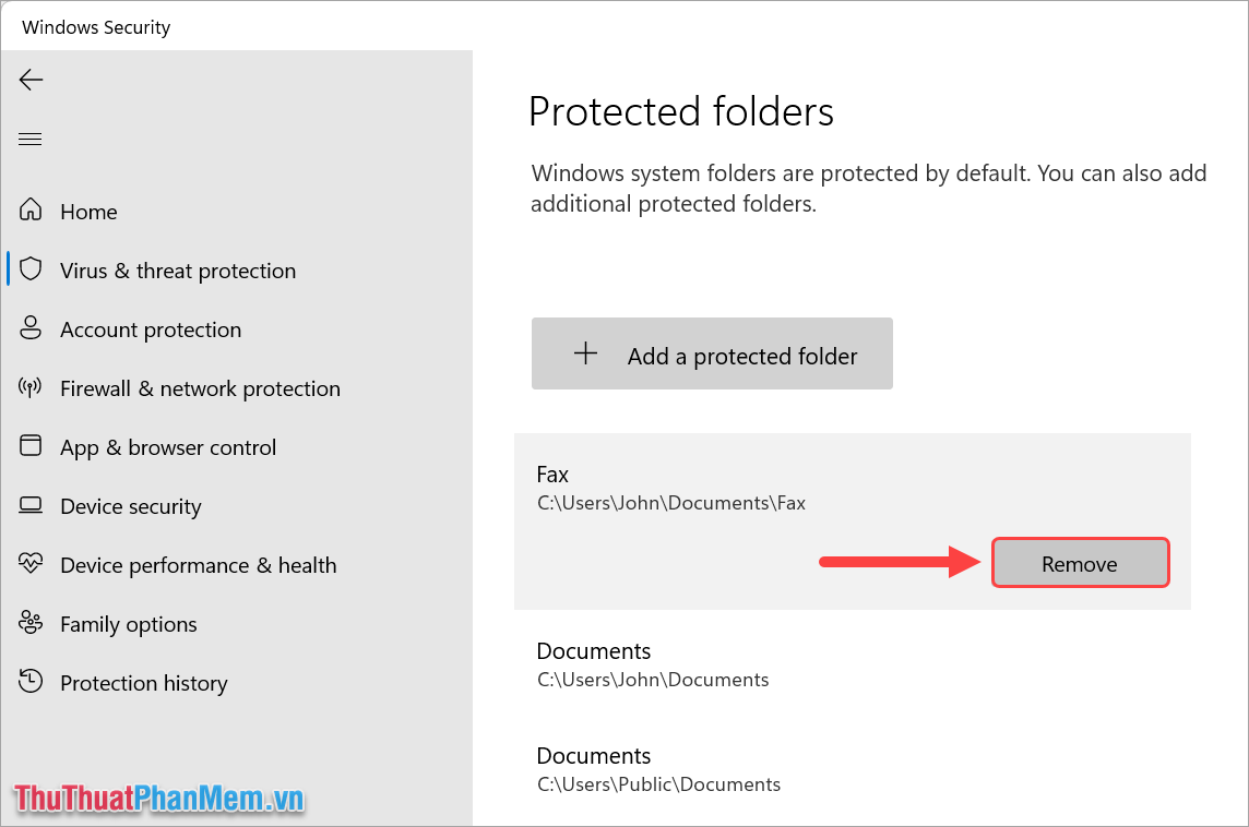 Chọn thư mục và click Remove để xóa khỏi danh sách an toàn