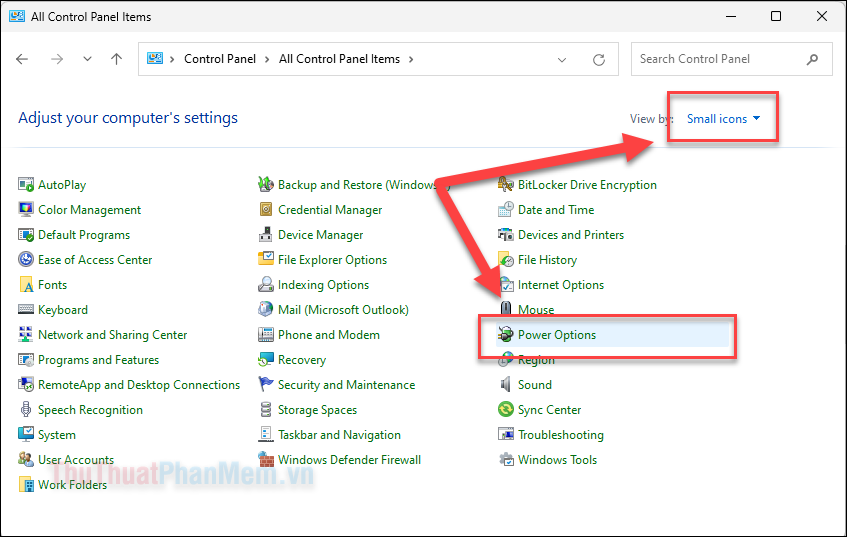 Chuyển sang Small icons, nhấn Power Options