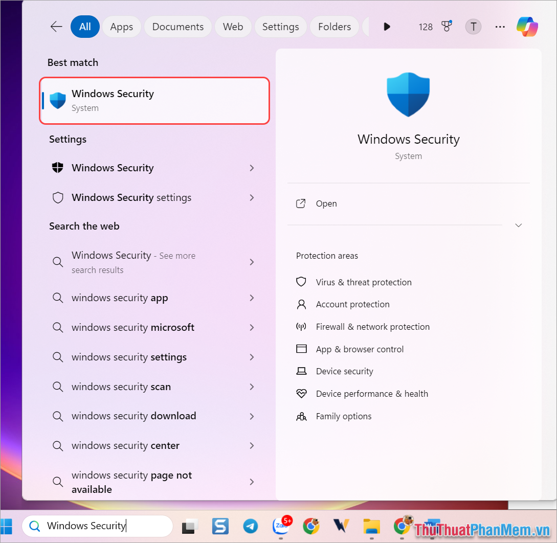 Mở Start Menu và nhập từ khóa Windows Security