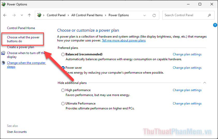 Nhấn vào cài đặt Choose what the power buttons do