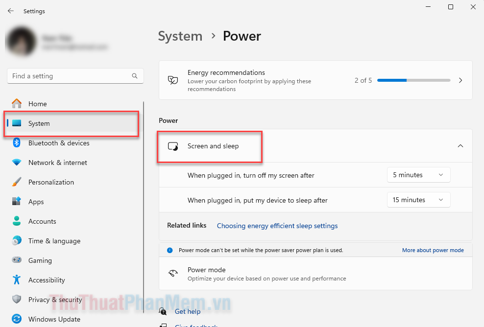 Nhấn Windows + I để mở Settings, sau đó ấn System → Power → Screen and sleep