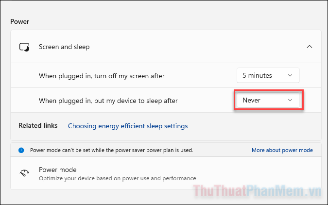 Put my device to sleep after bạn hãy đặt là Never (không bao giờ)