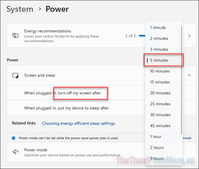 Turn off my screen after, bạn hãy chọn thời gian chờ để màn hình tắt